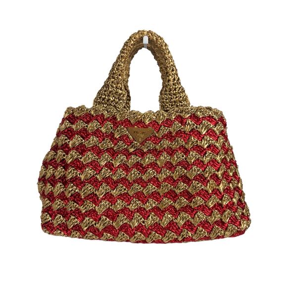 Prada 2012 Red & Brown Crochet Raffia Medium Canapa Tote Bag - Picture 1 of 9